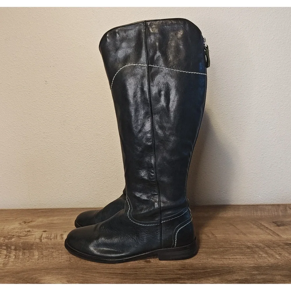 Boden Knee High Boots Womens 41 Navy Blue Leather Contrast Stitch Western AZ192